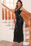 Black Mermaid V-Neck Sequin Sleeveless Long Evening Party Dress