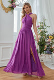 Purple A-Line Halter Neck Chiffon Long Bridesmaid Dress