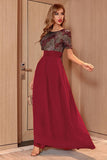 Blush A-line Round Neck Long Sequins Evening Dress With Short Sleeves