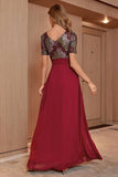 Blush A-line Round Neck Long Sequins Evening Dress With Short Sleeves