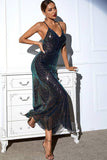 Black Spaghetti Strap Sequin Backless V-Neck Long Evening Dress