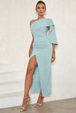 Blue One Shoulder Bodycon Long Cocktail Dress With Slit
