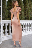 Blush Square Neck Cap Sleeves Bodycon Long Party Dress With Slit