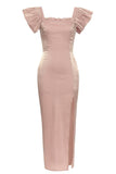 Blush Square Neck Cap Sleeves Bodycon Long Party Dress With Slit