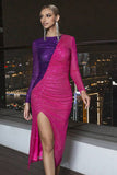 Fuchsia Long Sleeves Sequins Sparkly Cocktail Dress with Slit
