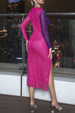 Fuchsia Long Sleeves Sequins Sparkly Cocktail Dress with Slit