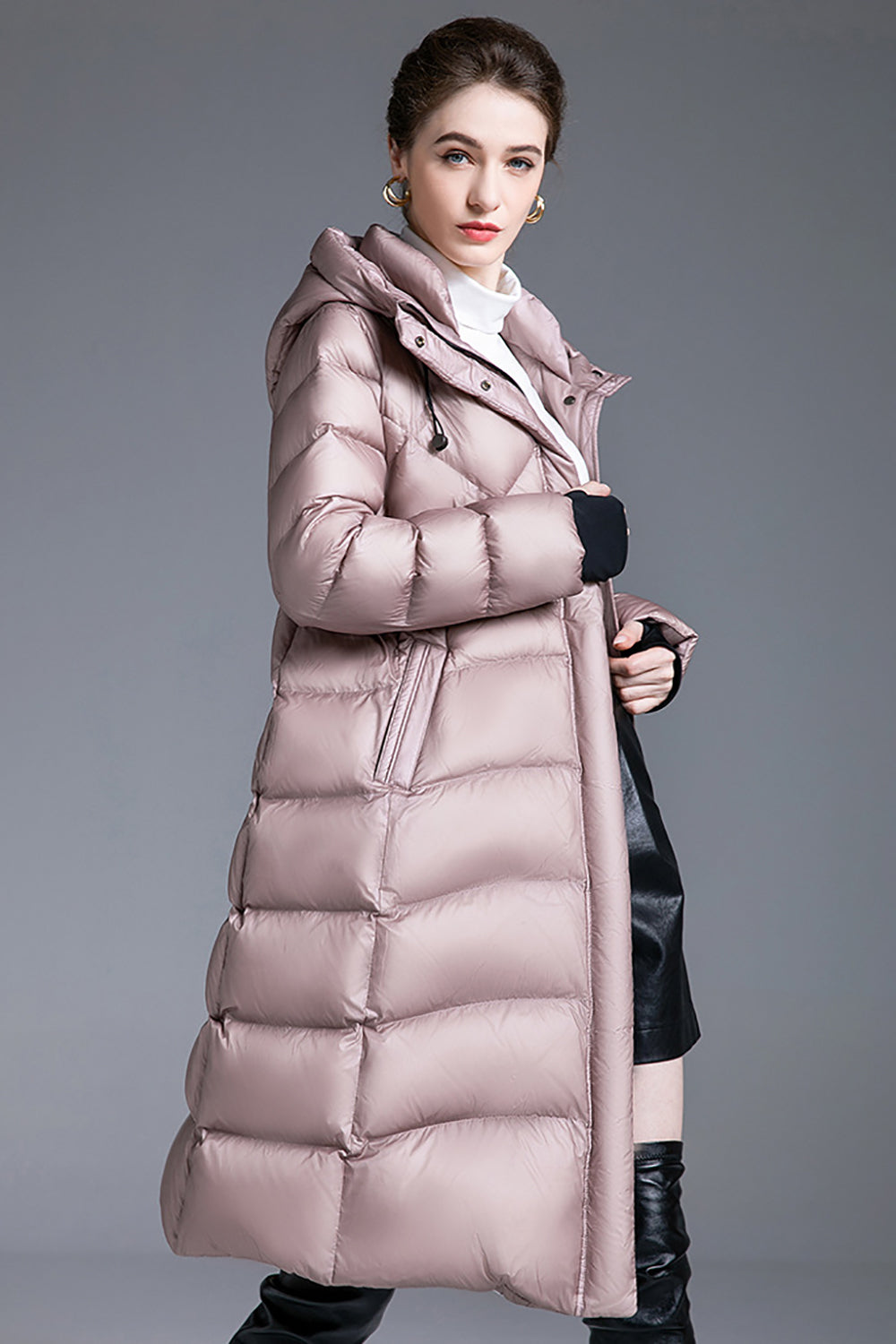 Pink Long Sleeves Winter Down Jacket with Pockets