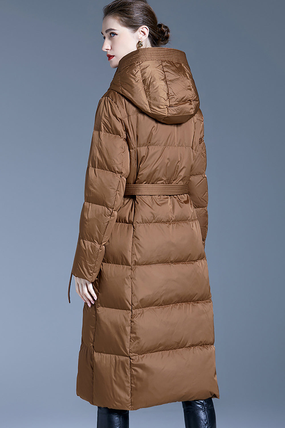 Brown Winter Long Puffer Jacket with Belt