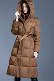 Brown Winter Long Puffer Jacket with Belt