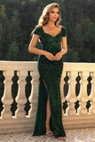 Sparkly Sequin Dark Green Short Sleeve Sweetheart Holiday Dress