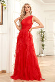Red A-Line One Shoulder Tulle Long Formal Dress