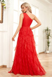 Red A-Line One Shoulder Tulle Long Formal Dress