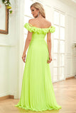 Green A-Line Off the Shoulder Formal Dress with Pleated