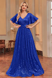 Sparkly Royal Blue A-Line V-Neck Sequins Formal Dress with Short Sleeves