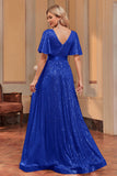 Sparkly Royal Blue A-Line V-Neck Sequins Formal Dress with Short Sleeves