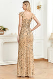 Golden Sheath V- Neck Formal Evening Dress with Beading