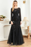 Sparkly Black Mermaid Sequins Formal Dress With Long Sleeves