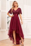 High-low A-Line Burgundy Formal Dress with Sequins