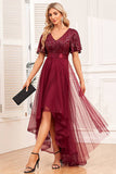 High-low A-Line Burgundy Formal Dress with Sequins
