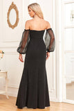 Black Sheath Removable Sleeves Sparkly Formal Evening Dress