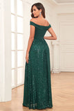 A-Line Off the Shoulder Sparkly Dark Green Ball Dress With Sequins