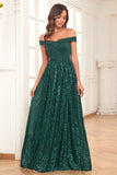 A-Line Off the Shoulder Sparkly Dark Green Ball Dress With Sequins