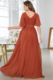 Brick Red A-Line V-Neck Pleated Ball Dress With Short Sleeves