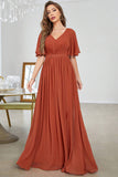 Brick Red A-Line V-Neck Pleated Ball Dress With Short Sleeves