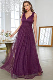 A-Line V-Neck Sequins Purple Ball Dress With Sleeveless