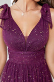 A-Line V-Neck Sequins Purple Ball Dress With Sleeveless