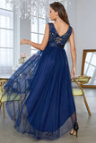 Dark Blue Asymmetrical A-Line V-Neck Ball Dress With Sleeveless