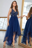 Dark Blue Asymmetrical A-Line V-Neck Ball Dress With Sleeveless
