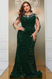 Dark Green Mermaid Plus Size Sequin Ball Dress with Appliques