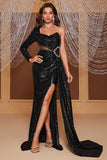 Mermaid One Shoulder Black Long SequinBall Dress with Split