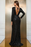 Black Mermaid Boat Neck Long Sleeves Sequin Ball Dress with Slit