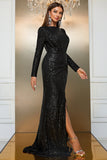 Black Mermaid Boat Neck Long Sleeves Sequin Ball Dress with Slit
