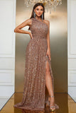 Champagne One Shoulder A Line Sequin Ball Dress with Split