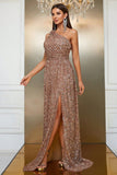 Champagne One Shoulder A Line Sequin Ball Dress with Split