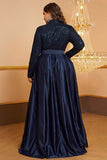 Navy A Line High Neck Long Sleeves Plus Size Ball Dress with Sequins