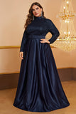 Navy A Line High Neck Long Sleeves Plus Size Ball Dress with Sequins