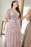 Grey Pink A-Line V-Neck Embroidered Plus Size Ball Dress