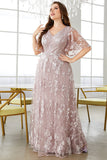 Grey Pink A-Line V-Neck Embroidered Plus Size Ball Dress