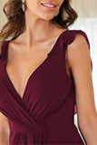 A-Line Burgundy V-Neck Chiffon High Low Ball Dress