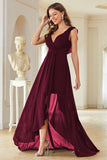 A-Line Burgundy V-Neck Chiffon High Low Ball Dress