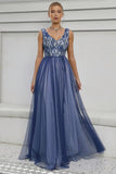 Blue A-Line V-Neck Long Ball Dress