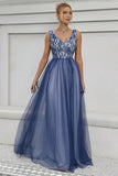 Blue A-Line V-Neck Long Ball Dress