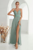 Grey Green A Line Spaghetti Straps Long Ball Dress with Slit