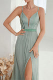 Grey Green A Line Spaghetti Straps Long Ball Dress with Slit