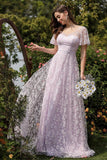 Lilac A line Tulle Ball Dress with Floral Print