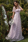 Lilac A line Tulle Ball Dress with Floral Print